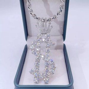 14k Whitegold 925 Silver Iced OutRound cut dollar Sign Pendant